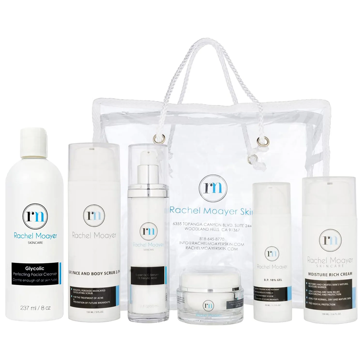 Rachel Moayer Perfecting Skincare Kit for Normal to Dry Skin Featuring Cleanser, 2.5% Benzoyl Peroxide Scrub, Vitamin C Serum, 12% Face Cream, 10% Acne Care Gel, Recovery Acne Care & Anti Aging Set