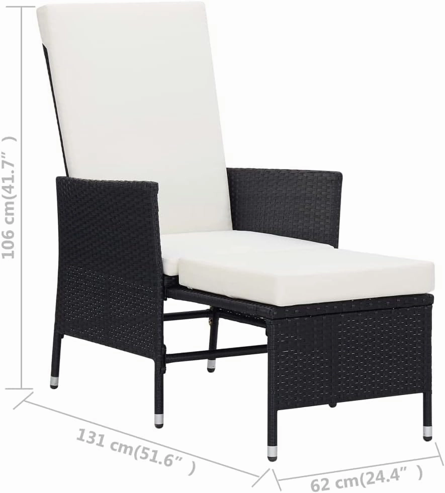 Reclining Patio Chair with Cushions PE Rattan Outdoor Lounge Chair Black Adjustable Backrest & Footrest for Poolside Backyard Deck Sunroom