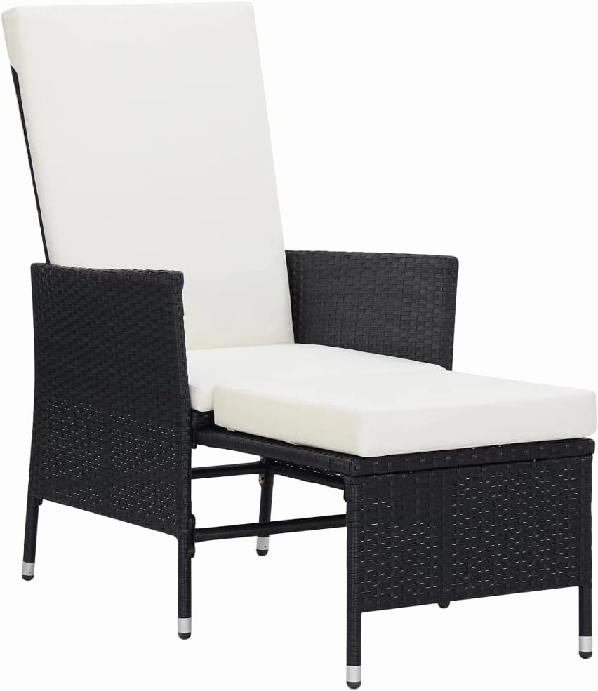 Reclining Patio Chair with Cushions PE Rattan Outdoor Lounge Chair Black Adjustable Backrest & Footrest for Poolside Backyard Deck Sunroom
