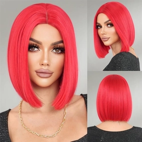 Red Short Straight Wig for Party Synthetic Fiber Hairpiece