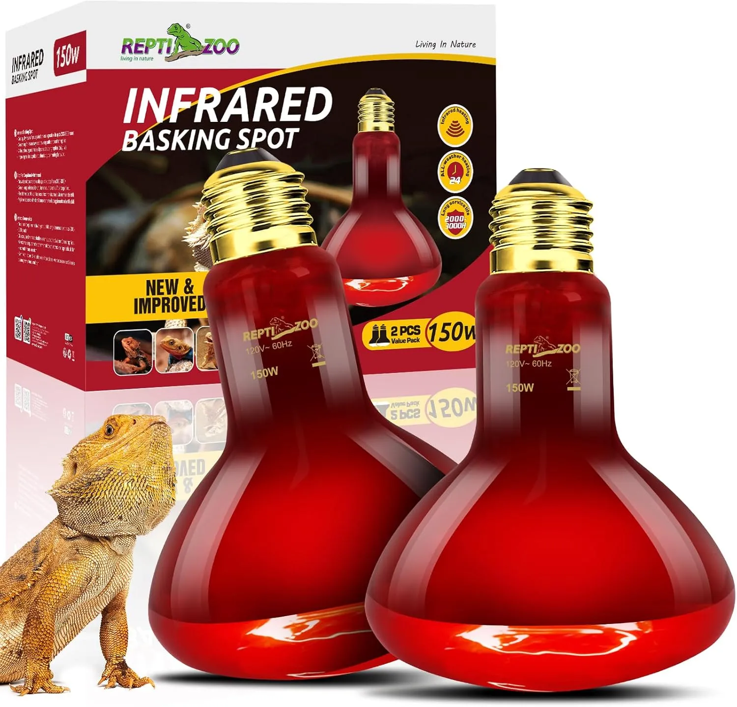 REPTI ZOO 150W Infrared Heat Lamp Bulb for Reptile, 2 Pack Infrared Basking Spot Light for Reptiles & Amphibian,Bearded Dragon, Leopard GeckoTurtle,Lizard, Chickens | Pet Brooders Heat Lamp