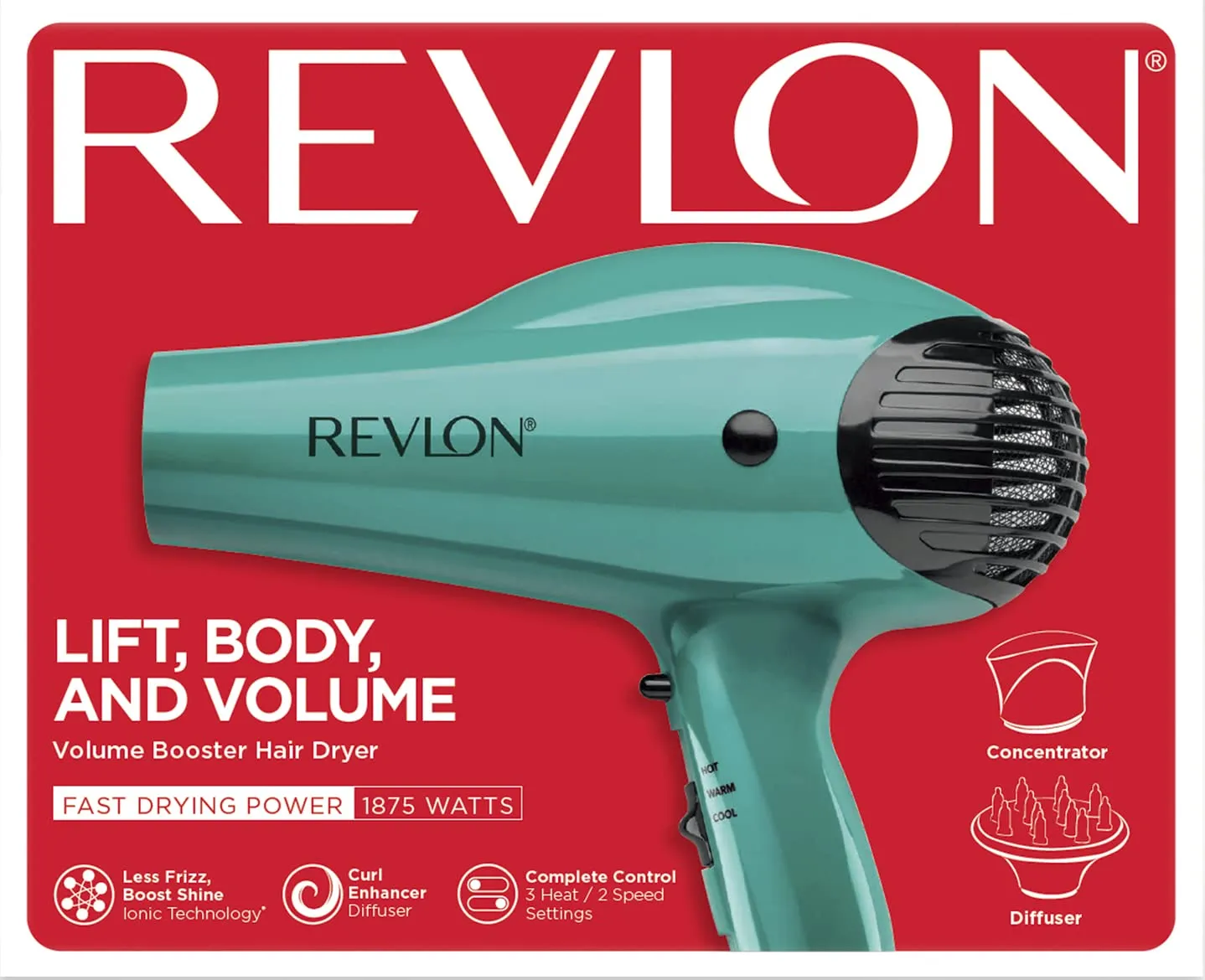 REVLON Volume Booster Hair Dryer with Diffuser | Voluminous Lift and Body | 1875W Blow Dryer with Ionic Technology for Salon Styled Finish with Less Frizz (Green)