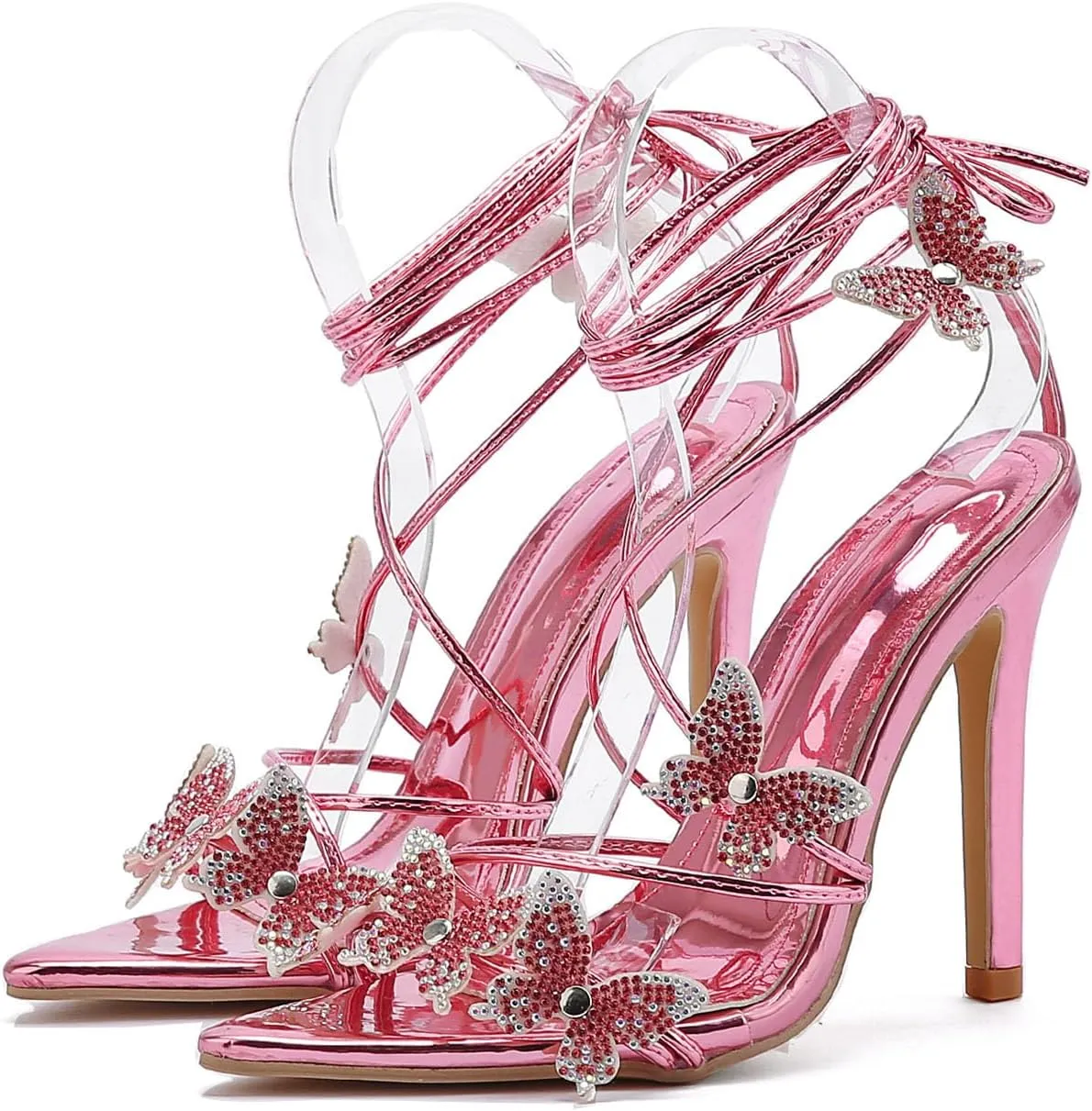 Rhinestone Butterfly Heels for Women Open Pointed Toe Lace Up Prom Shoes Ankle Wrap Stiletto Heels Strappy Sparkly Sandals