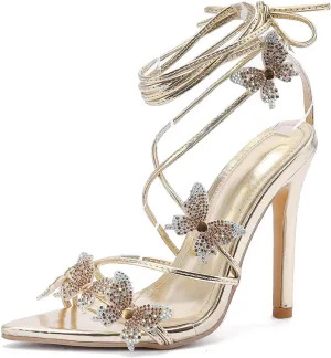 Rhinestone Butterfly Heels for Women Open Pointed Toe Lace Up Prom Shoes Ankle Wrap Stiletto Heels Strappy Sparkly Sandals