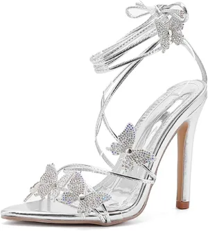 Rhinestone Butterfly Heels for Women Open Pointed Toe Lace Up Prom Shoes Ankle Wrap Stiletto Heels Strappy Sparkly Sandals
