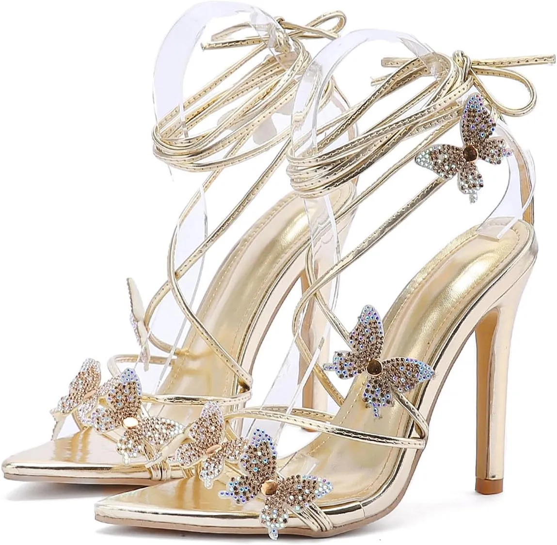 Rhinestone Butterfly Heels for Women Open Pointed Toe Lace Up Prom Shoes Ankle Wrap Stiletto Heels Strappy Sparkly Sandals
