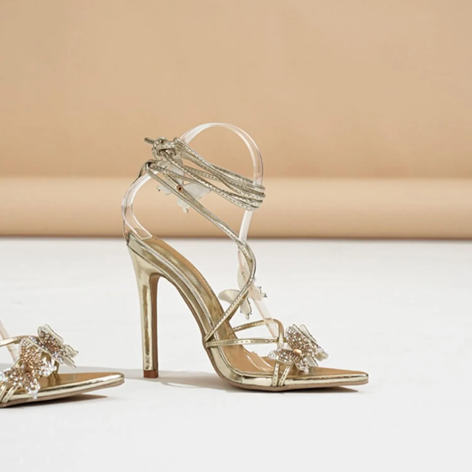 Rhinestone Butterfly Heels for Women Open Pointed Toe Lace Up Prom Shoes Ankle Wrap Stiletto Heels Strappy Sparkly Sandals