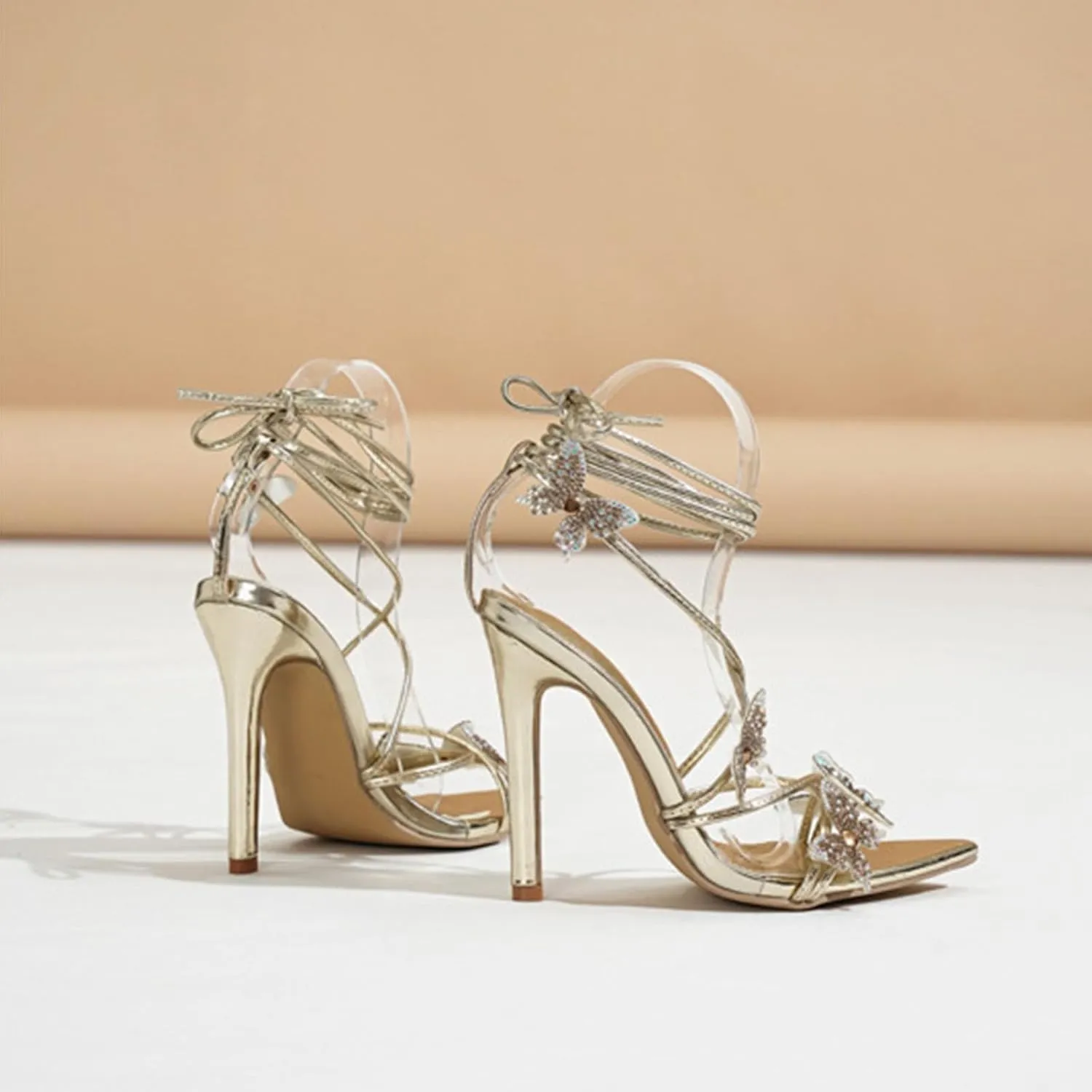 Rhinestone Butterfly Heels for Women Open Pointed Toe Lace Up Prom Shoes Ankle Wrap Stiletto Heels Strappy Sparkly Sandals