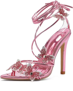 Rhinestone Butterfly Heels for Women Open Pointed Toe Lace Up Prom Shoes Ankle Wrap Stiletto Heels Strappy Sparkly Sandals