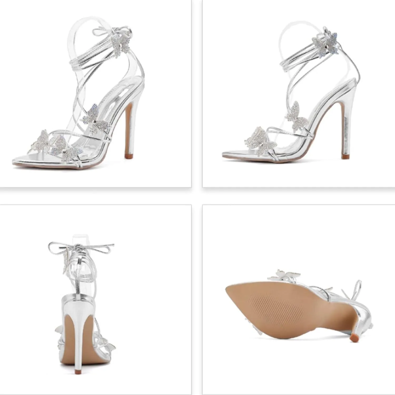 Rhinestone Butterfly Heels for Women Open Pointed Toe Lace Up Prom Shoes Ankle Wrap Stiletto Heels Strappy Sparkly Sandals