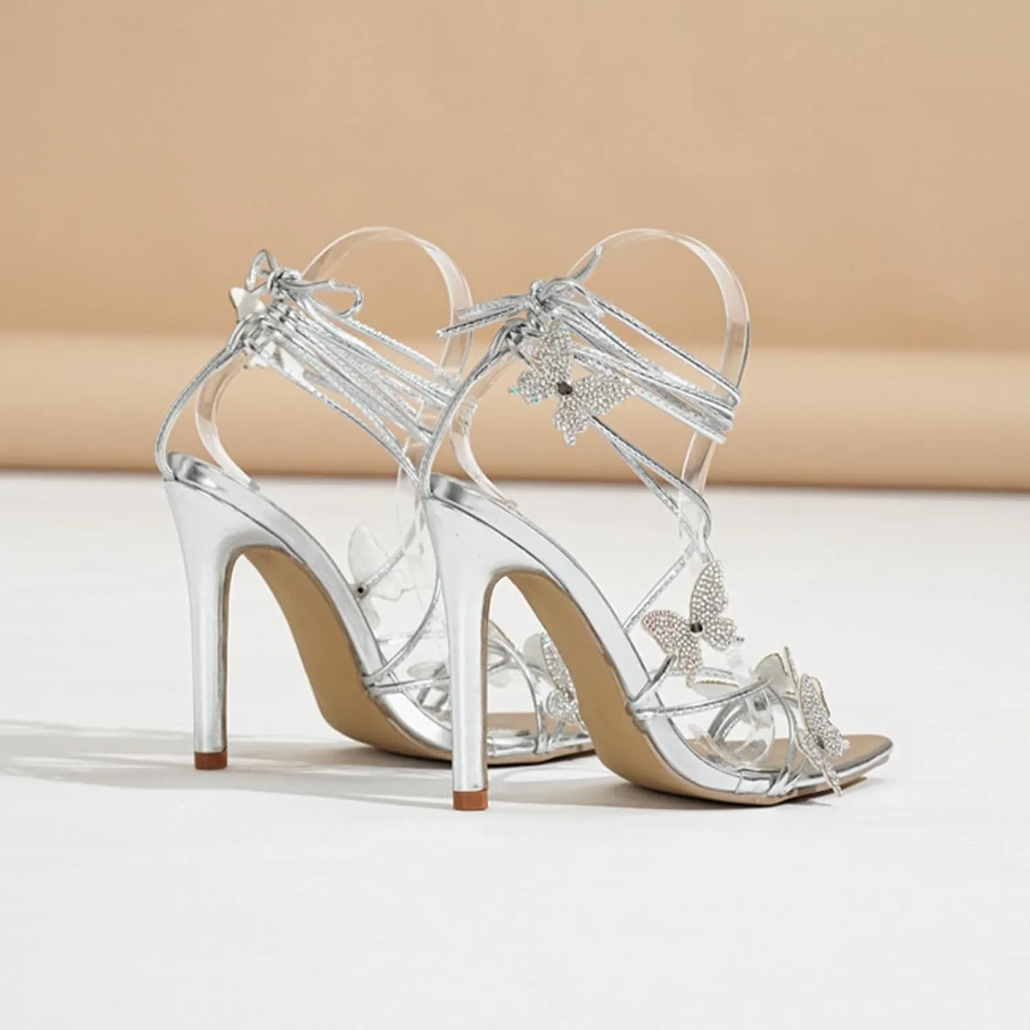 Rhinestone Butterfly Heels for Women Open Pointed Toe Lace Up Prom Shoes Ankle Wrap Stiletto Heels Strappy Sparkly Sandals