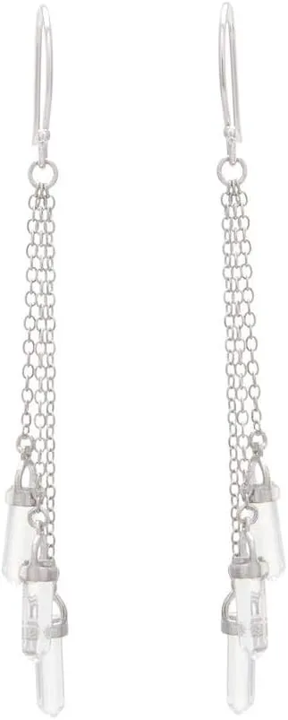 Rhodium over 925 Silver Clear Glass Triple Prism Chain Drop Earrings