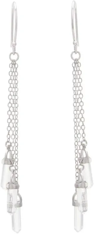 Rhodium over 925 Silver Clear Glass Triple Prism Chain Drop Earrings
