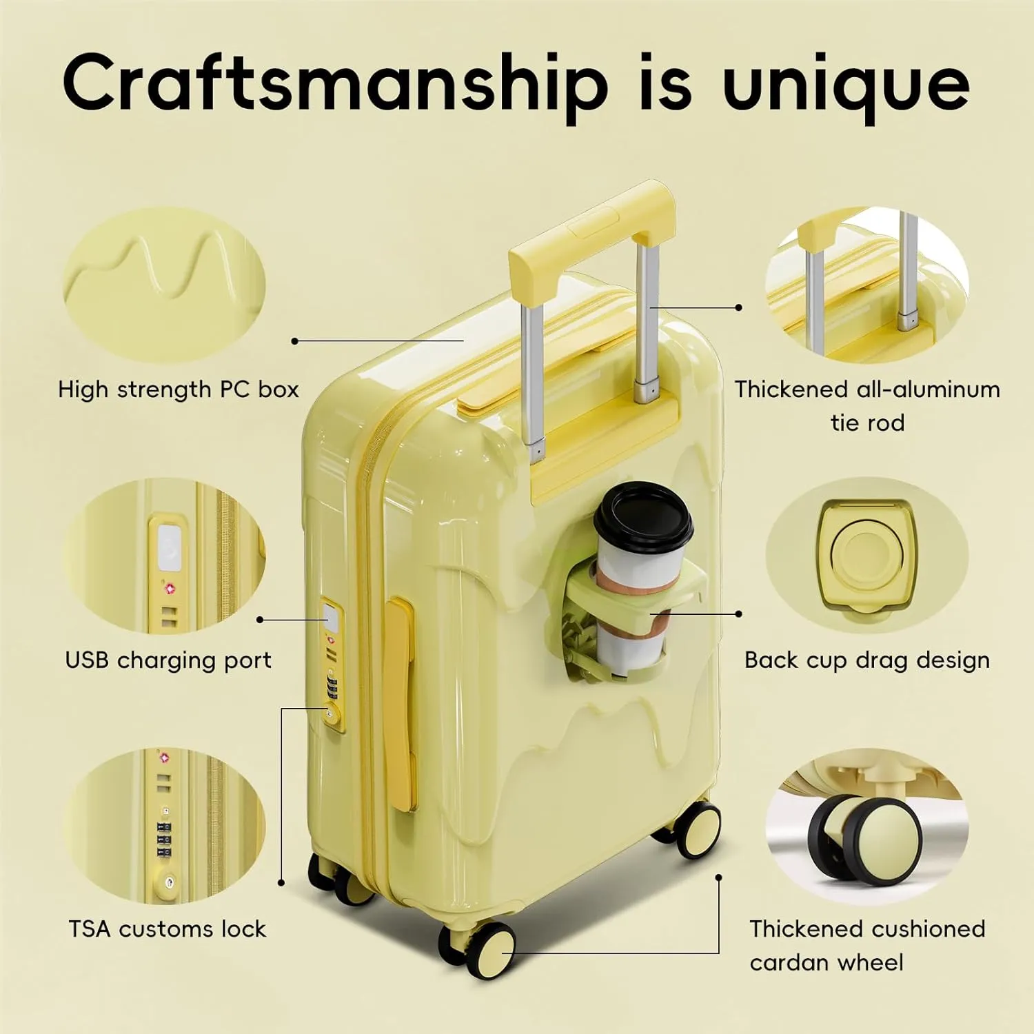 ROAMING 20-Inch Carry On Luggage Airline Approved Lightweight PC Hardside Rolling Suitcase with TSA Lock Cup Holder USB Charging Port and Spinner Wheels for Women Ice cream suitcase Cheese yellow