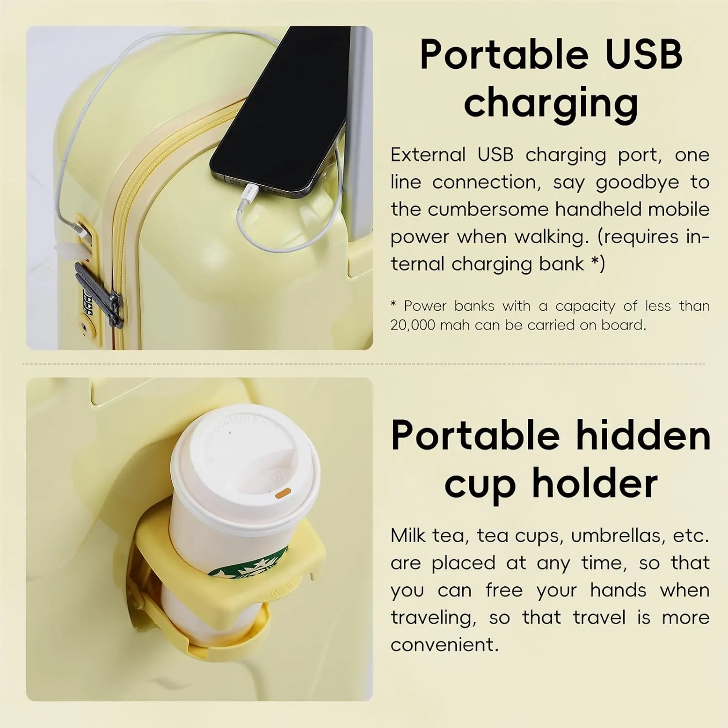 ROAMING 20-Inch Carry On Luggage Airline Approved Lightweight PC Hardside Rolling Suitcase with TSA Lock Cup Holder USB Charging Port and Spinner Wheels for Women Ice cream suitcase Cheese yellow