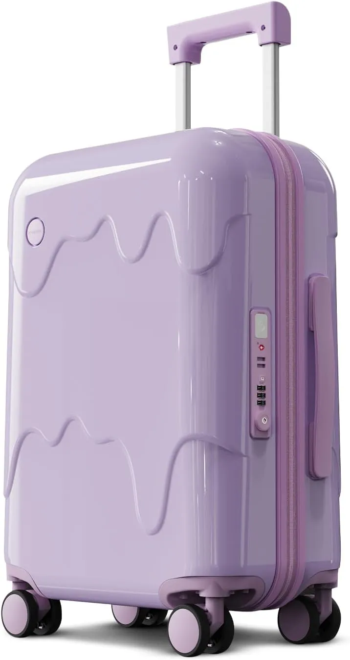 ROAMING 26 Inch PC Hard-Sided Purple Checked Large Luggage with TSA Lock Cup Holder USB Charging Port and Spinner Wheels Lightweight Durable Ice Cream Travel Suitcase for Women Melt into Journeys