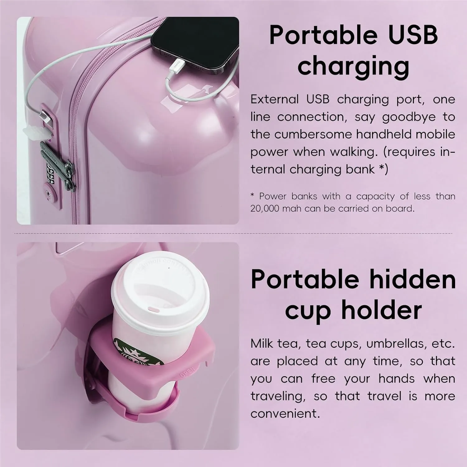 ROAMING 26 Inch PC Hard-Sided Purple Checked Large Luggage with TSA Lock Cup Holder USB Charging Port and Spinner Wheels Lightweight Durable Ice Cream Travel Suitcase for Women Melt into Journeys