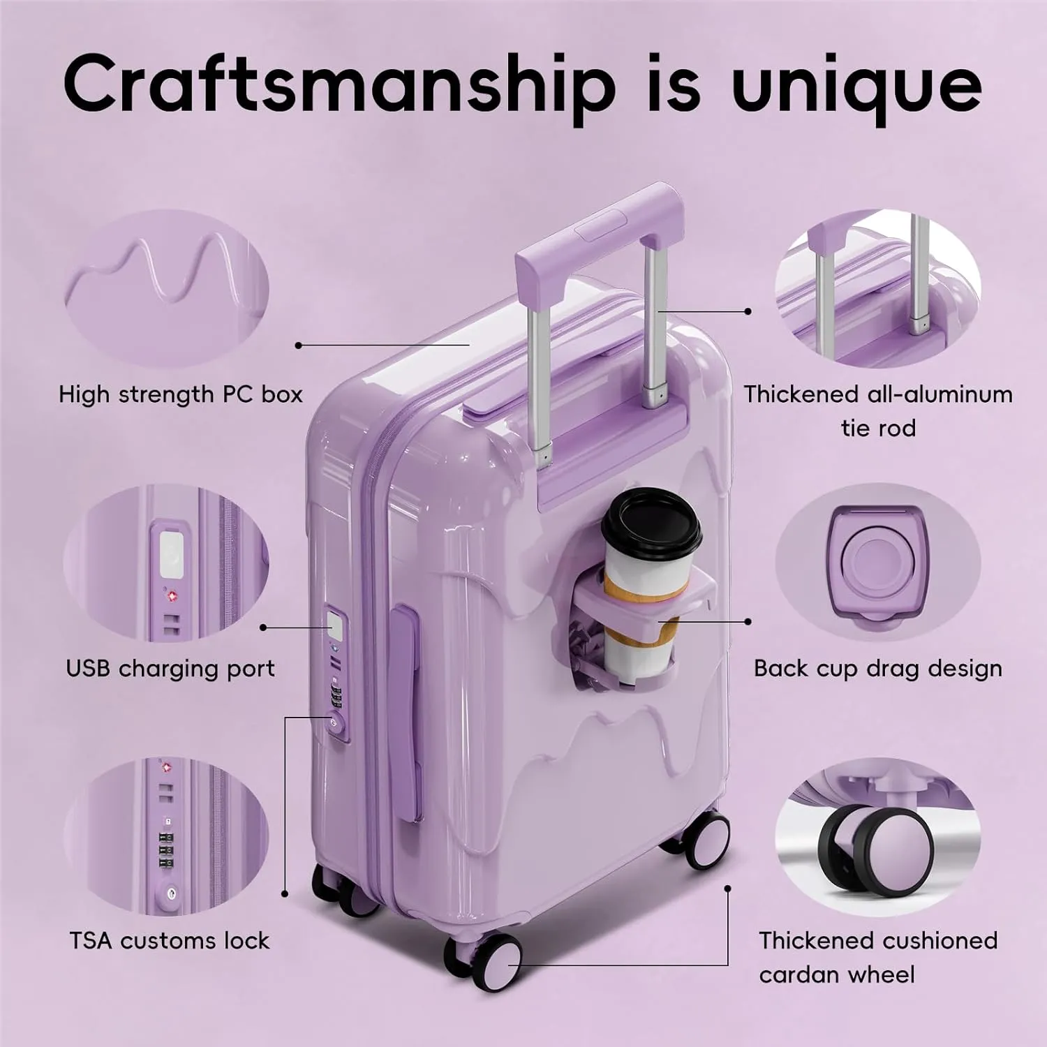 ROAMING 26 Inch PC Hard-Sided Purple Checked Large Luggage with TSA Lock Cup Holder USB Charging Port and Spinner Wheels Lightweight Durable Ice Cream Travel Suitcase for Women Melt into Journeys