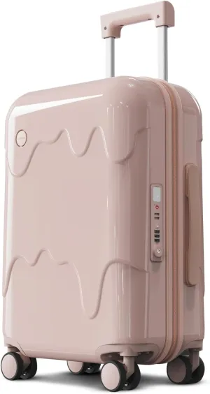 ROAMING 26 Inch Pink PC Hard Sided Checked Large Luggage with TSA Lock Cup Holder USB Charging Port and Spinner Wheels Lightweight Durable Ice Cream Travel Suitcase for Women Melt into Journeys