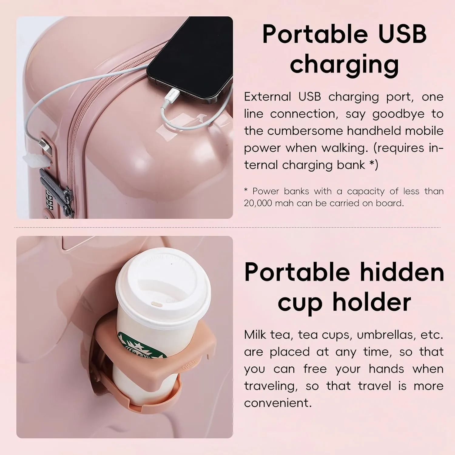 ROAMING 26 Inch Pink PC Hard Sided Checked Large Luggage with TSA Lock Cup Holder USB Charging Port and Spinner Wheels Lightweight Durable Ice Cream Travel Suitcase for Women Melt into Journeys