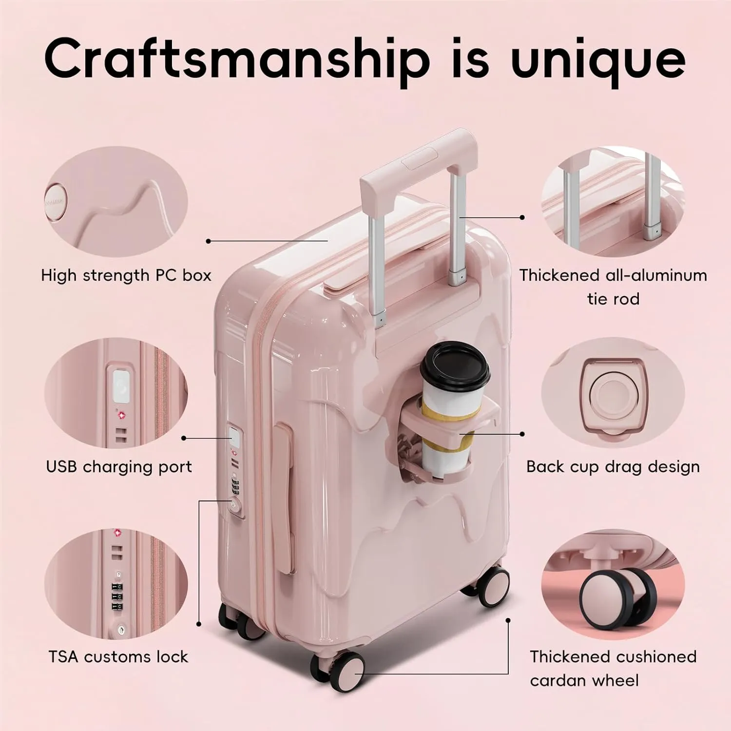ROAMING 26 Inch Pink PC Hard Sided Checked Large Luggage with TSA Lock Cup Holder USB Charging Port and Spinner Wheels Lightweight Durable Ice Cream Travel Suitcase for Women Melt into Journeys