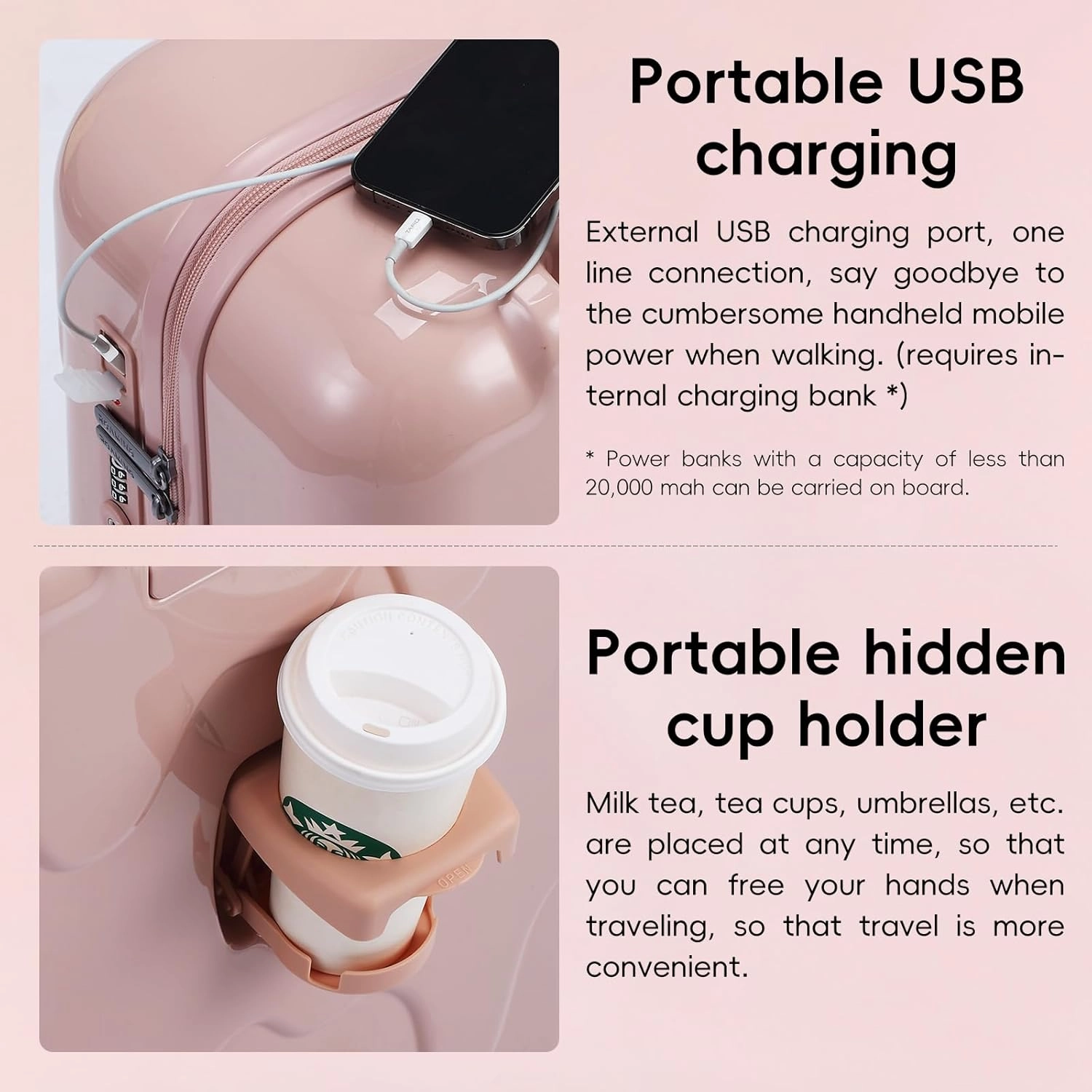 ROAMING 20-Inch Pink Carry On Luggage Airline Approved Lightweight PC Hardside Rolling Suitcase with TSA Lock Cup Holder USB Charging Port and Spinner Wheels for Women Ice cream suitcase