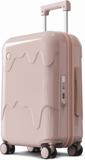 ROAMING 20-Inch Pink Carry On Luggage Airline Approved Lightweight PC Hardside Rolling Suitcase with TSA Lock Cup Holder USB Charging Port and Spinner Wheels for Women Ice cream suitcase
