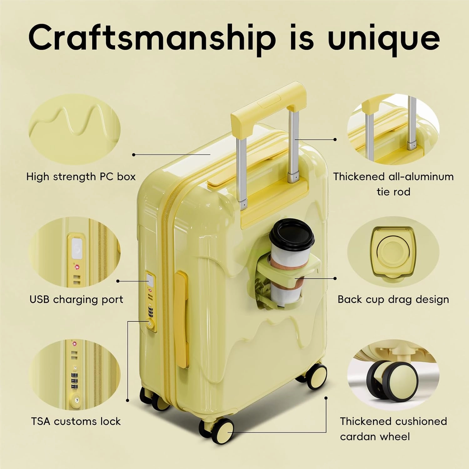ROAMING 24 Inch PC Hard Sided Checked Luggage with TSA Lock Cup Holder USB Charging Port and Spinner Wheels Lightweight Durable Ice Cream Travel Suitcase for Women Cheese yellow