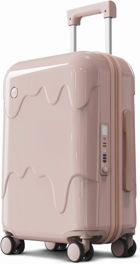 ROAMING 24 Inch PC Hard Sided Pink Checked Luggage with TSA Lock Cup Holder USB Charging Port and Spinner Wheels Lightweight Durable Ice Cream Travel Suitcase for Women Melt into Journeys