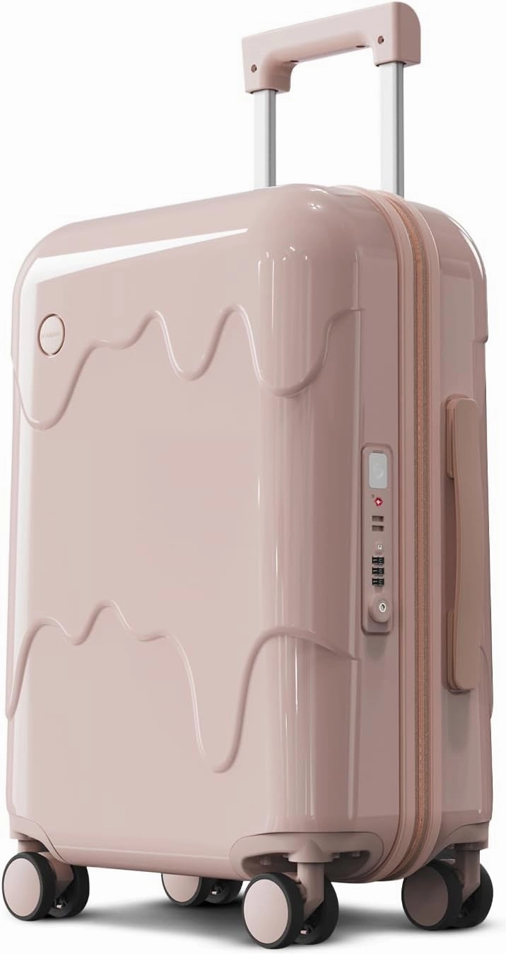 ROAMING 24 Inch PC Hard Sided Pink Checked Luggage with TSA Lock Cup Holder USB Charging Port and Spinner Wheels Lightweight Durable Ice Cream Travel Suitcase for Women Melt into Journeys