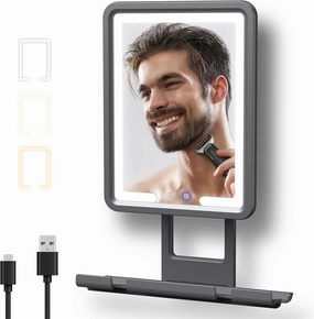 Rocollos Fogless Shower Mirror for Shaving, 3 Color LED Lighting Dimmable, Anti-Fog Heating in Minutes, 360° Bathroom Shower Mirror with Rechargeable 5000mAh Battery-Black