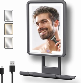 Rocollos Fogless Shower Mirror for Shaving, 3 Color LED Lighting Dimmable, Anti-Fog Heating in Minutes, 360° Bathroom Shower Mirror with Rechargeable 5000mAh Battery, Large Storage Shelf, Wiper-Black