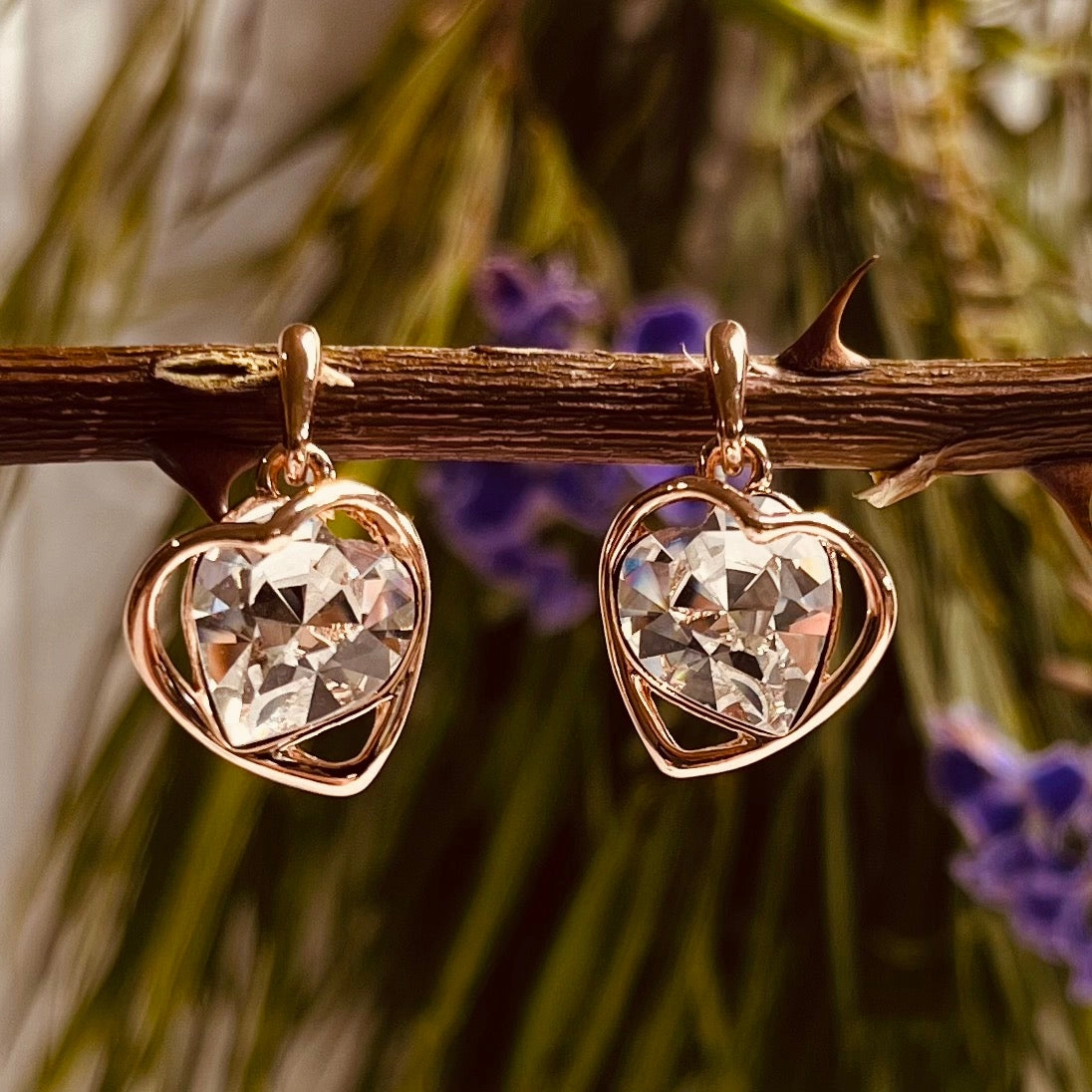 Rose Gold Heart & Clear Crystal Earrings
