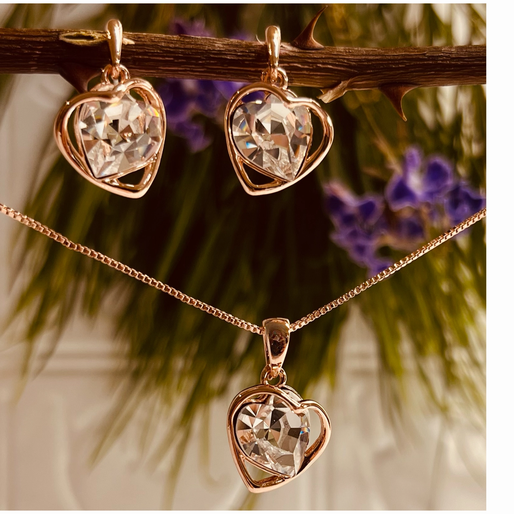 Rose Gold Heart & Clear Crystal Earrings