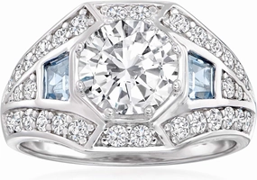 Ross-Simons 2.62 ct. t.w. CZ and .50 ct. t.w. Simulated Aquamarine Ring in Sterling Silver