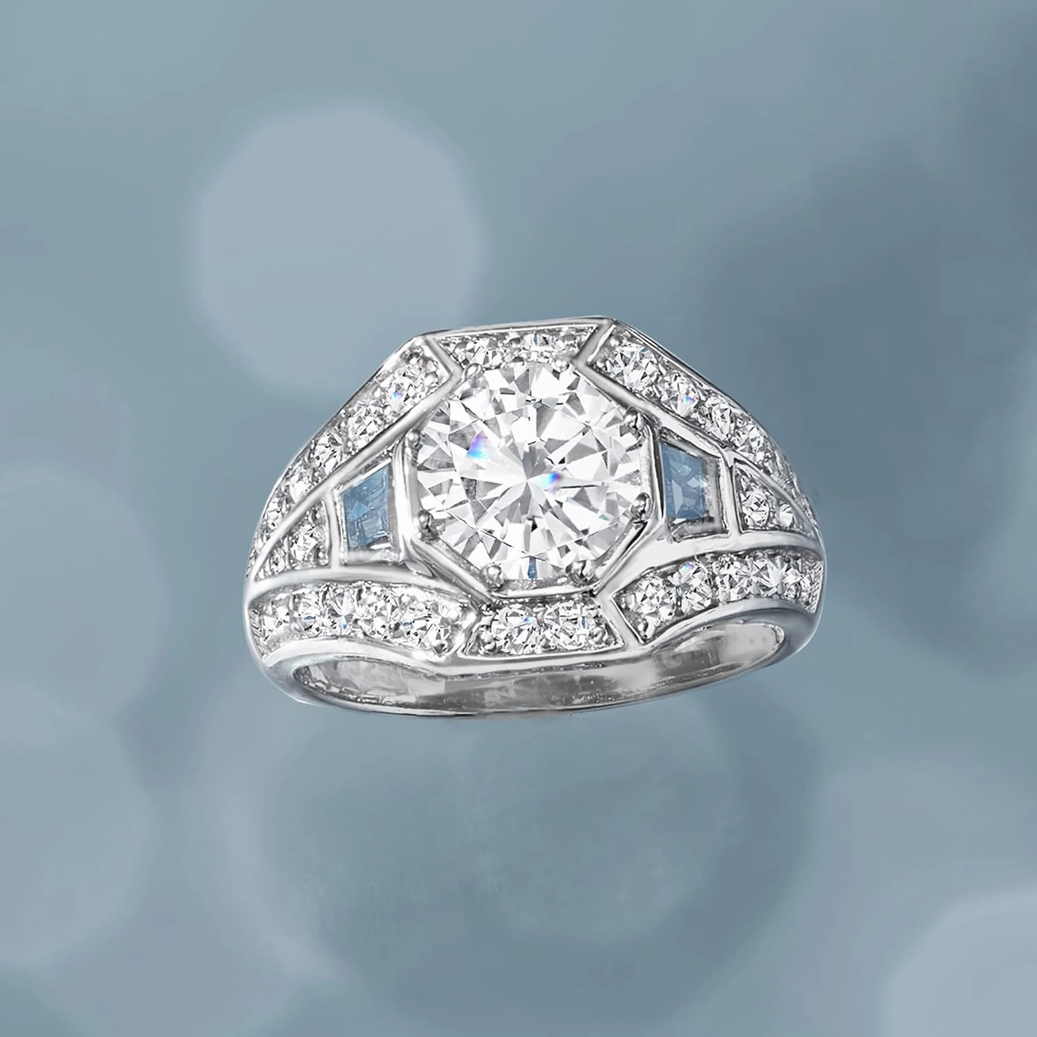 Ross-Simons 2.62 ct. t.w. CZ and .50 ct. t.w. Simulated Aquamarine Ring in Sterling Silver