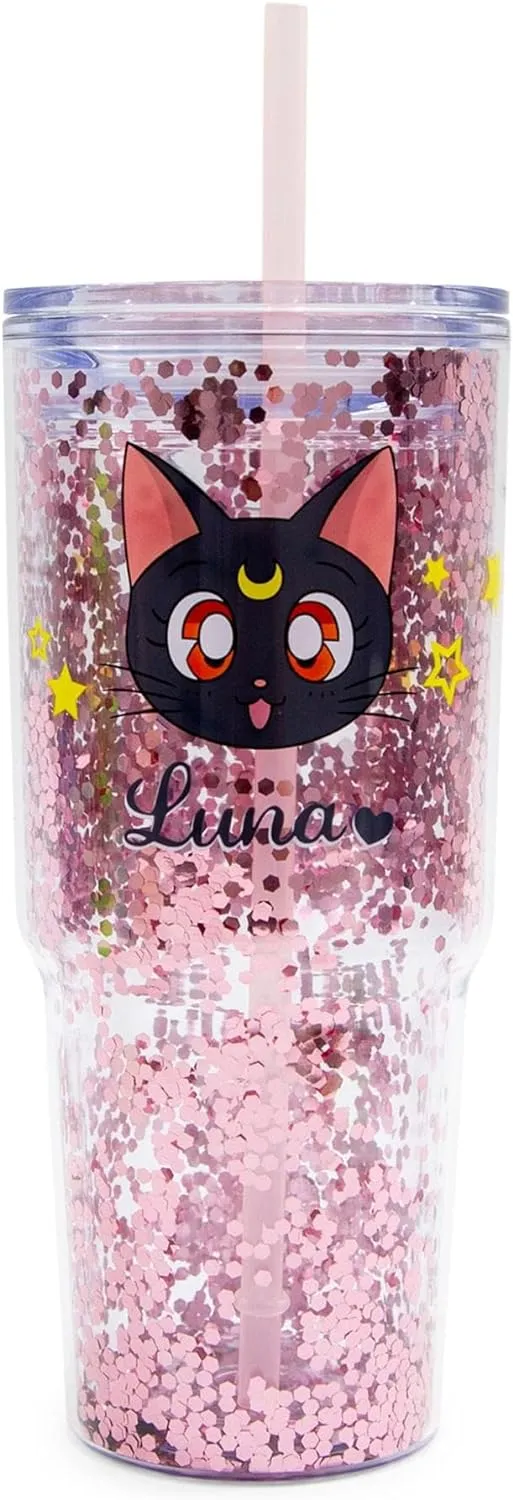 Sailor Moon Luna and Artemis Glitter Travel Tumbler With Spill-Resistant Lid and Reusable Straw | Double-Walled Cold Cup For Drinks | Holds 31 Ounces