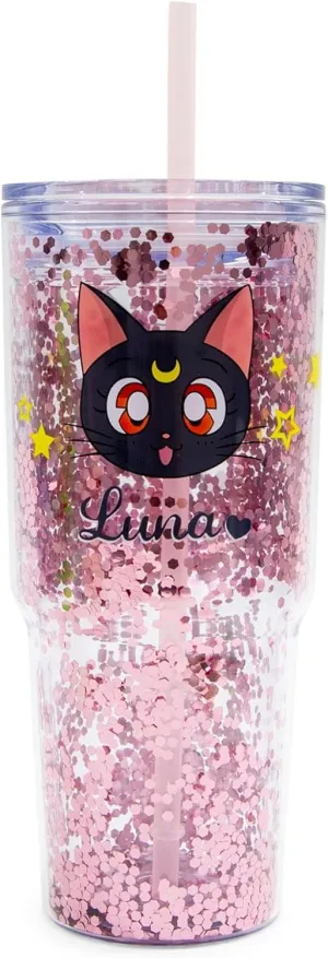 Sailor Moon Luna and Artemis Glitter Travel Tumbler With Spill-Resistant Lid and Reusable Straw | Double-Walled Cold Cup For Drinks | Holds 31 Ounces