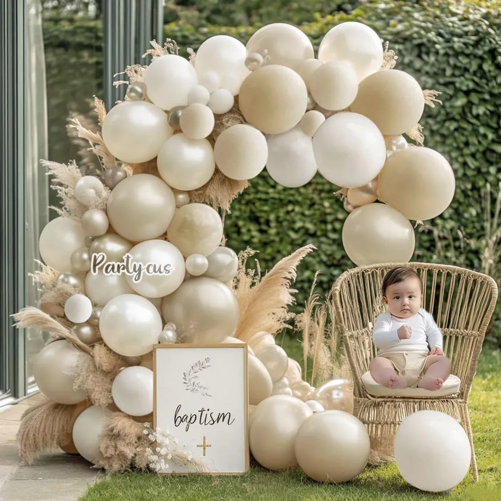 Sand White Pearl Balloon Arch Garland Double Stuffed Pastel Cream Beige Nude White Latex Balloon Kit for Wedding Birthday Baptism Baby Shower Party Decoration