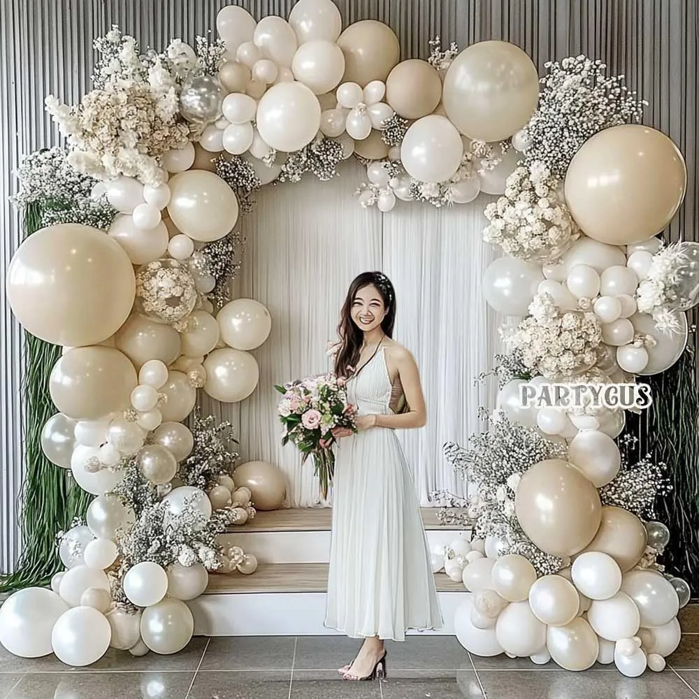 Sand White Pearl Balloon Arch Garland Double Stuffed Pastel Cream Beige Nude White Latex Balloon Kit for Wedding Birthday Baptism Baby Shower Party Decoration