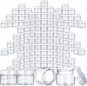 SATINIOR 100 Pcs Plastic Jars with Lids Small Containers Lids Wide Mouth Small Plastic Containers for Lotion Cream Rhinestones Body Butters Travel Storage(1 oz,Clear with White Lid)