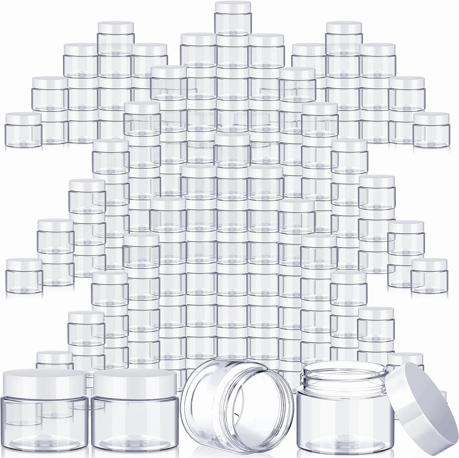 SATINIOR 100 Pcs Plastic Jars with Lids Small Containers Lids Wide Mouth Small Plastic Containers for Lotion Cream Rhinestones Body Butters Travel Storage(1 oz,Clear with White Lid)