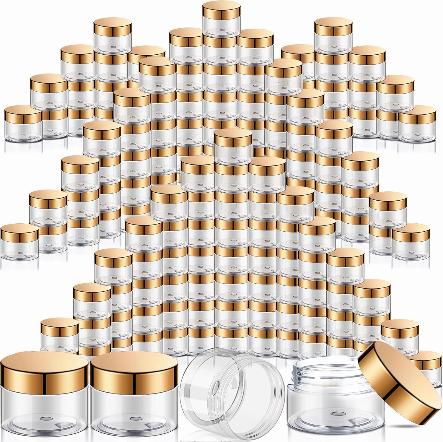 SATINIOR 100 Pcs Plastic Jars with Lids Small Containers Lids Wide Mouth Small Plastic Containers for Lotion Cream Rhinestones Body Butters Travel Storage(2 oz,Clear with Gold Lid)