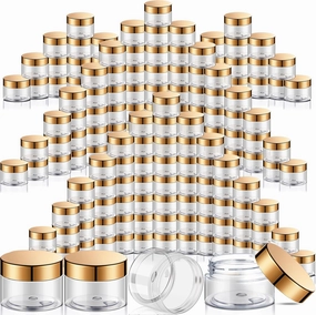 SATINIOR 100 Pcs Plastic Jars with Lids Small Containers Lids Wide Mouth Small Plastic Containers for Lotion Cream Rhinestones Body Butters Travel Storage(2 oz,Clear with Gold Lid)