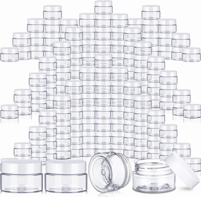 SATINIOR 100 Pcs Plastic Jars with Lids Small Containers Lids Wide Mouth Small Plastic Containers for Lotion Cream Rhinestones Body Butters Travel Storage(2 oz,Clear with White Lid)