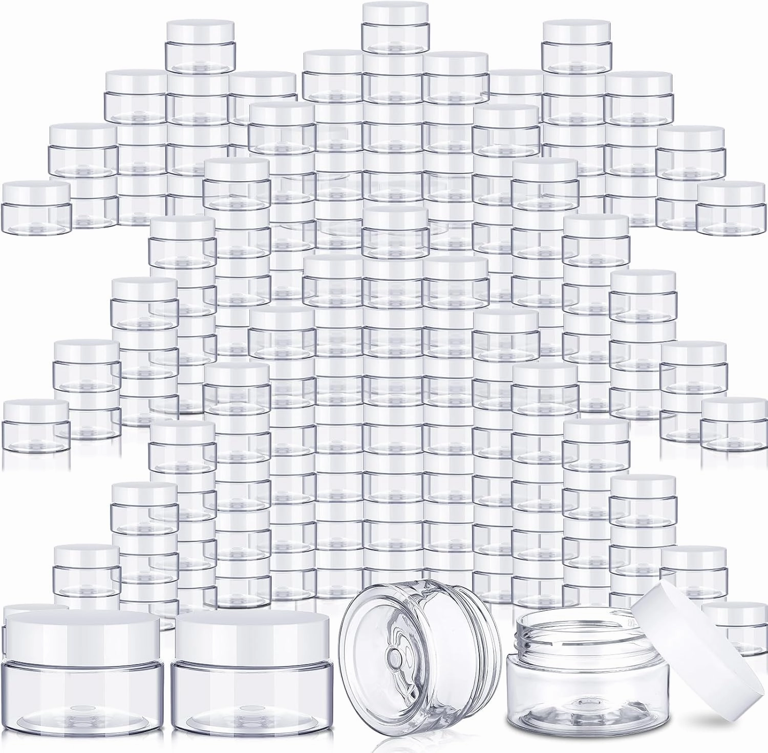 SATINIOR 100 Pcs Plastic Jars with Lids Small Containers Lids Wide Mouth Small Plastic Containers for Lotion Cream Rhinestones Body Butters Travel Storage(2 oz,Clear with White Lid)