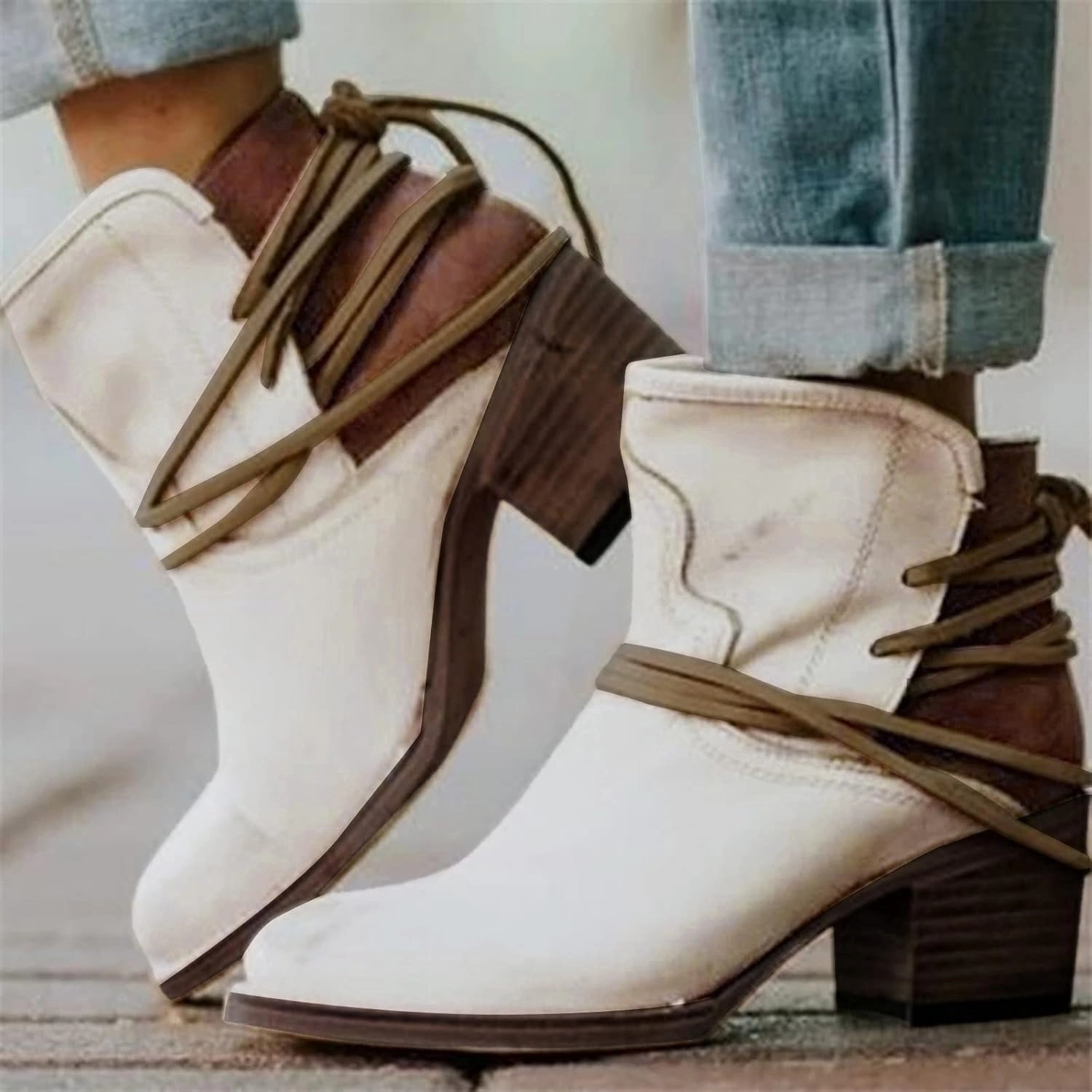 SBGMoSJ Black Ankle Boots with Heels And Laces Women Ankle Boots Black Cowboy Boots Flat Booties for Women Wide Width Dress Ankle Boots for Women