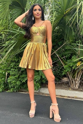 Seresa | Gloden A-Line Metallic Spaghetti Strap Pleated Homecoming Dress