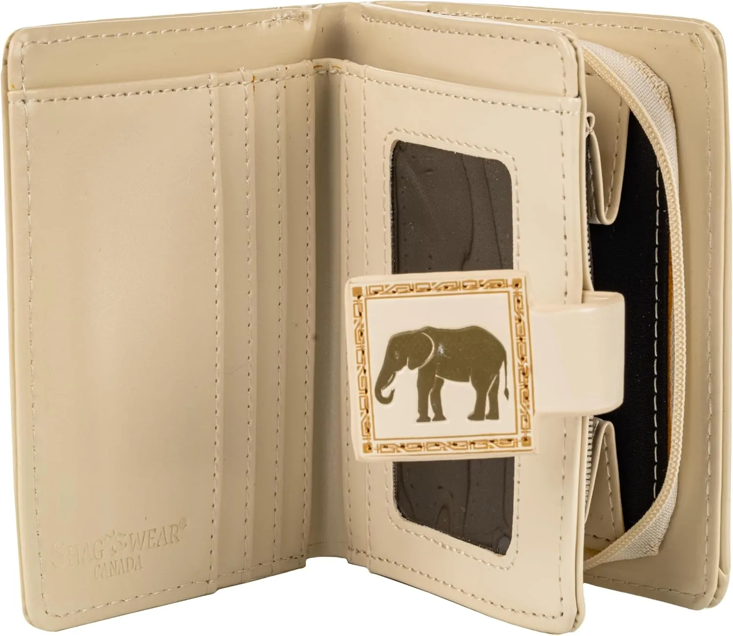 Shag Wear Women's PU Vegan Leather Colorful Slim Trendy Small Bifold Wallet with 4 Credit Card Slots, 1 Zippered Coin Pocket, and Clear ID Window (African Pattern, Cream)