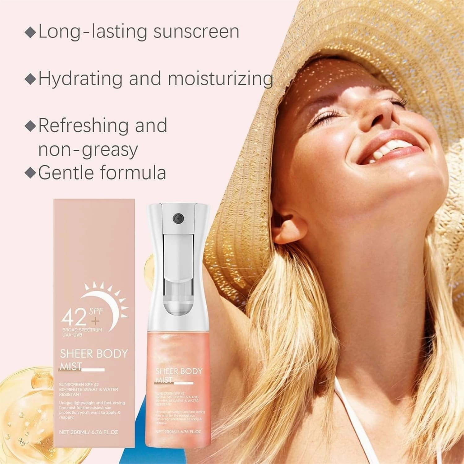 Sheer Body Mist Sunscreen-Spf 42, Ultra-Lightweight Fine Body Mist Sunscreen, Infused with Shimmering Body Oil, Body Hydrating Mist, Lightweight, Fast-Absorbing, for All Skin Types (1PC)